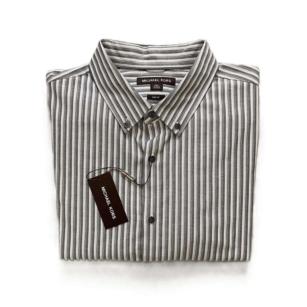 Michael Kors Shirt Men's XXL Slim Fit Long Sleeve Stretch Grey Pinstripe NEW